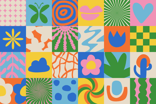 Groovy 70s retro abstract geometric pattern with naive hand drawn figure, form, shapes in Bauhaus style. Modern collage vector illustration