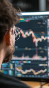 Close up of a person analyzing financial charts on a computer screen. The image captures the focus on stock market trends and data visualization in a modern trading environment