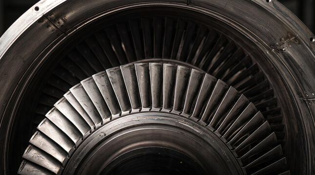 Row of axial compressor stator vanes inside a jet engine casing seen straight on