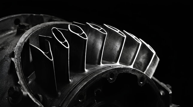 Row of axial compressor stator vanes inside a jet engine casing in dramatic black and white