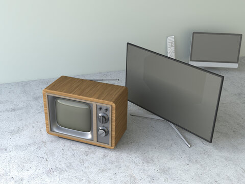 Old-fashioned tube television and modern flatscreen TVs, 3D Rendering