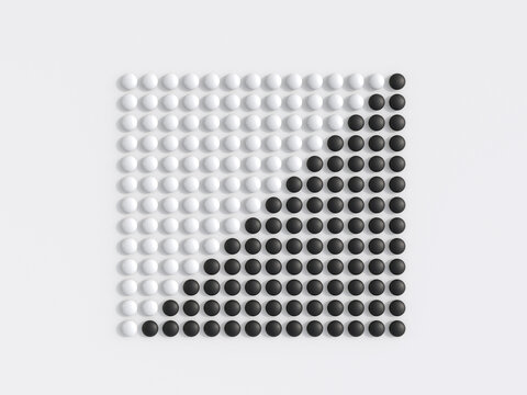 A 3d rendering shows black and white spheres in a geometric grid