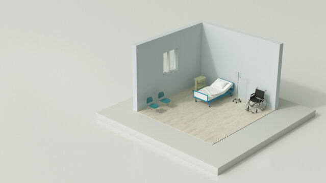 A 3d rendering shows an empty patient room with a wheelchair