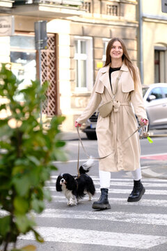 Smiling woman walking her dog on a city crosswalk in Poland