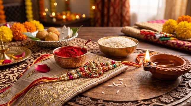 Raksha Bandhan Celebration: A traditional Indian festival celebrating the bond between siblings, with a Rakhi, tilak, rice, sweets, and a diya.