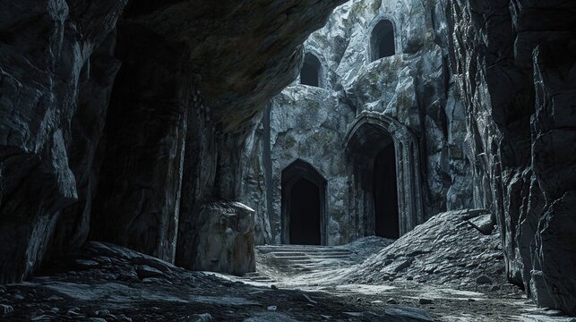An Ancient Cavernous Ruin with Blue-tinged Archways and Somber Shadows Beneath Cold Stone