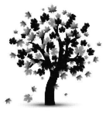 Black silhouette tree with falling leaves illustration