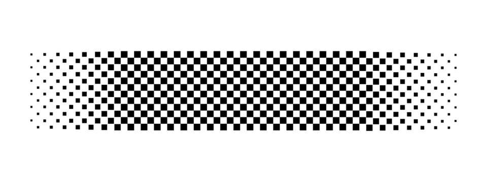 Checkered banner with vanishing visual effect. Black faded squares on white background. Taxi or police car border. Racing flag texture. Start or finish signal design. Vector graphic illustration