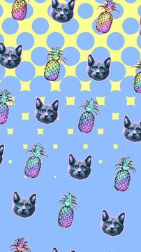 Seamless young vertical video of cartoon style cats and pineapples with duotono colors isolated with copyspace. Stop motion minimal animal art halftone style background.