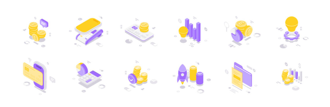 Business startup and financial technology isometric vector illustration icon set. For mobile banking, investment, data analysis, and online payment concepts. For web and mobile app design
