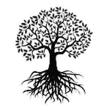 Black and white tree with strong roots illustration illustration