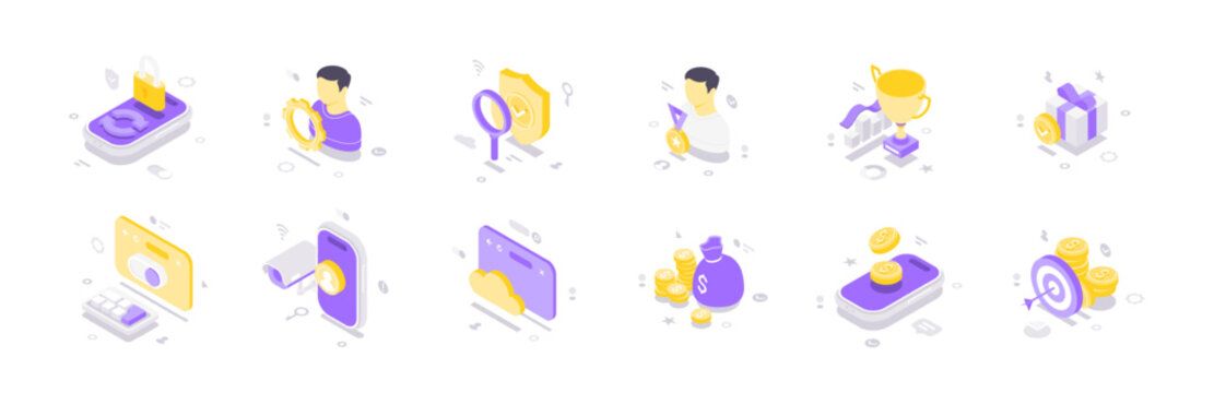 Business management and data security isometric vector illustration icon set. For financial strategy, achievement, and success concepts for modern web and app design
