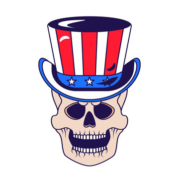 Withered laughing skull with striped top hat uncle Sam dressed on head. Zombie in headdress for design of cartoon illustration. Skeleton cranium cartoon vector of spooky character isolated on white