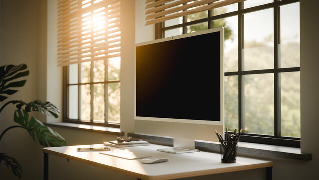 Computer Blank Screen Mockup in Sunlit Minimalist Home Office