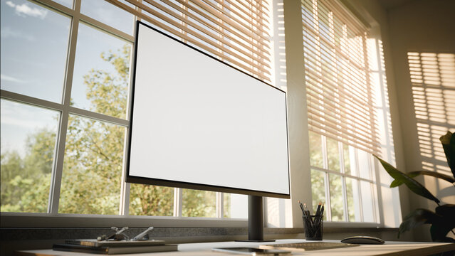 Modern Workspace with Computer Screen Mockup and Sunlit Windows