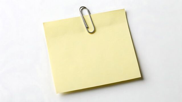 Blank sticky note pinned with silver paperclip. Empty yellow memo pad ready for handwritten office reminders and tasks.