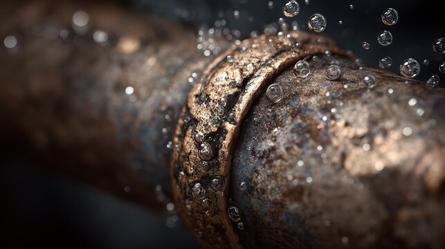 Macro of a corroded gas pipe with leak bubbles, showing rust, damage and industrial failure risk.