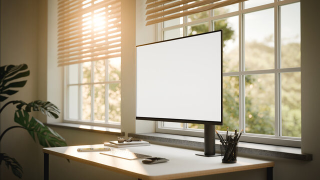 Modern Workspace with Computer Screen Mockup and Sunlit Windows