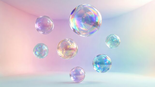 Floating iridescent spheres with colorful reflections against a soft pastel gradient background creating an abstract dreamy scene.