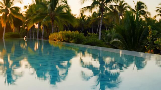 Golden hour infinity pool with palm reflections, turquoise water, tropical foliage, soft ripples, warm backlight, serene resort atmosphere and wide luxury landscape
