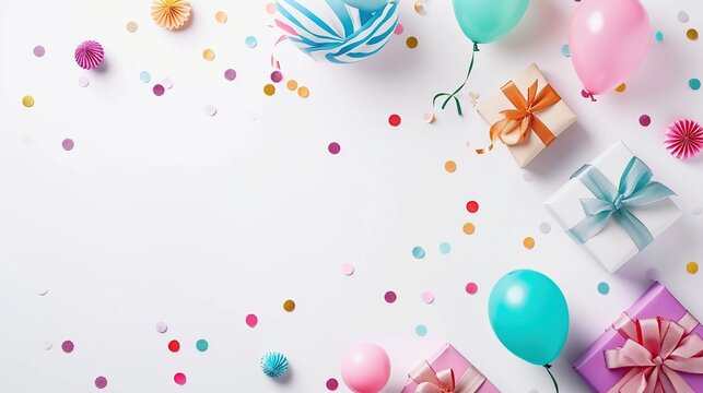 Bright and Festive Birthday Celebration Scene with Balloons, Confetti, and Wrapped Gift Boxes