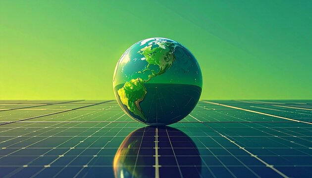 A globe reflecting the continents onto a solar panel, set against a vibrant green gradient background, symbolizing clean energy and global sustainability.