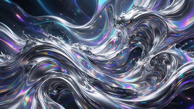 Dynamic abstract metallic liquid waves flowing with iridescent holographic reflections on a dark futuristic background creating an elegant shimmering effect.