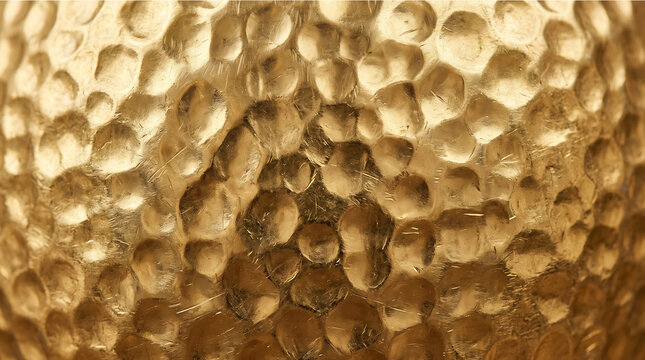 Hammered gold metal texture background. Shiny brushed brass surface with dimpled pattern.