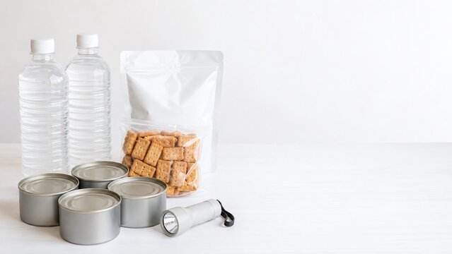 非常食の備蓄 缶詰と保存食品を並べた防災準備