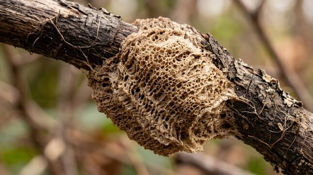 Praying mantis ootheca on tree branch, protective insect egg case in nature, macro photography of textured mantid egg mass in winter