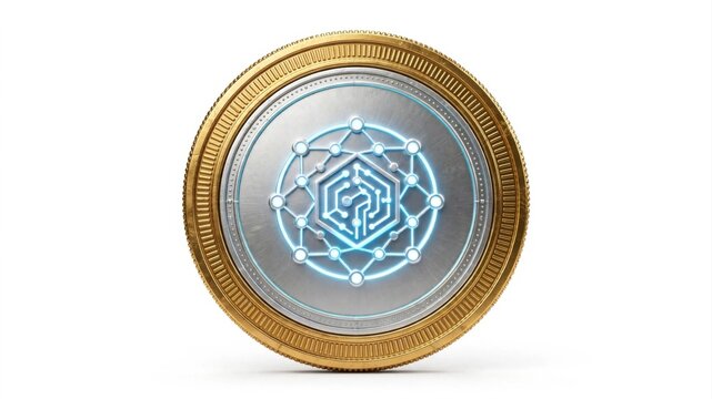Futuristic digital cryptocurrency coin with a glowing blue blockchain network symbol standing upright on a clean white background under bright studio lighting representing modern finance and.