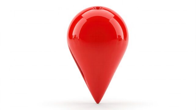 Glossy red 3D map pin icon standing upright on a clean white background with soft studio lighting symbolizing location and navigation.