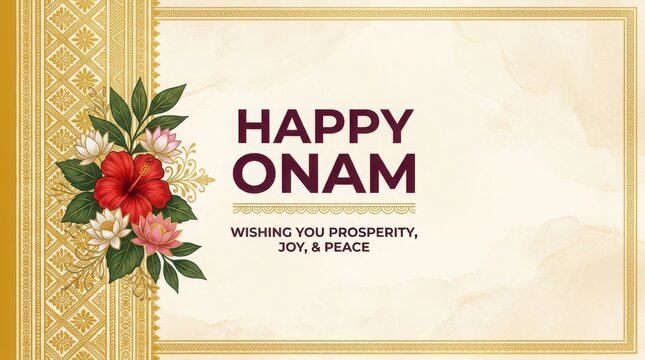 Happy onam greeting card design featuring elegant golden patterned borders and beautiful vibrant floral arrangement art.