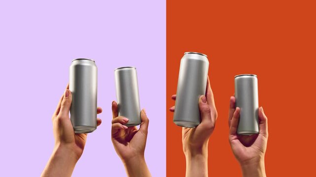 Four hands raising blank aluminum beverage cans for toast in pixilation animation. Concept of beverage celebration, social drinking campaign, packaging mockup.