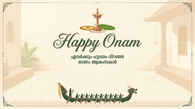 Malayalam onam wishes with snake boat illustration and traditional kerala house background in soft minimalist design art.