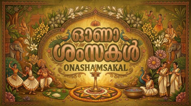 Traditional onam greeting card with golden malayalam calligraphy oil lamps flowers and female dancers in kerala costume.
