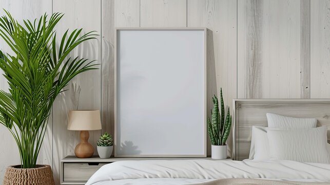 Bright Minimalist Bedroom Setup Featuring Large Indoor Plant, Framed Mirror, and White Bedding