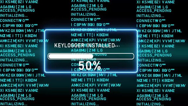 Blue progress bar shows 100% of KEY LOGGER INSTATING on a dark background with scrolling code Keywords: code, programming, hacking, security, data progress bar, loading