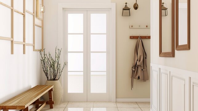 Bright Minimalist Entryway With White Doors, Bench, Hallway Plant, and Wall Frames