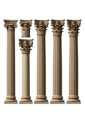 Obraz premium Set of Classical Greek and Roman Columns with Corinthian and Ionic Capitals Isolated on White Background for Architectural Design