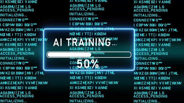 Blue progress bar shows 100% of AI TRAINING on a dark background with scrolling code Keywords: code, programming, hacking, security, data, progress bar, loading
