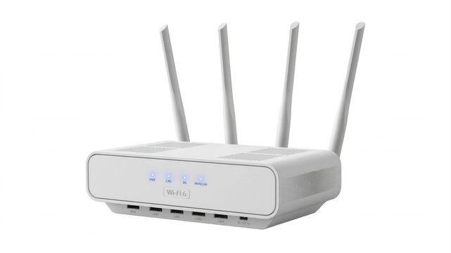 Sleek modern white wireless WiFi router with four external antennas professionally isolated on a bright clean white background showcasing advanced network technology.