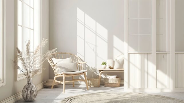 Bright Minimalist Living Room with Sunlit White Interiors and Natural Decor