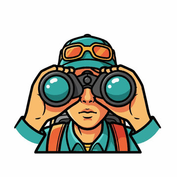 Adventurous traveler looking through binoculars in cartoon style