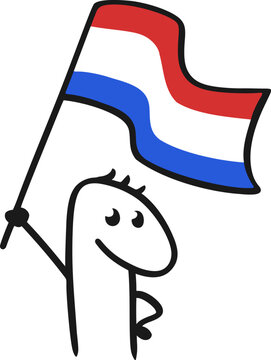 Funny Dutch football supporter character in orange outfit, happily cheering for the national team during an international soccer tournament.