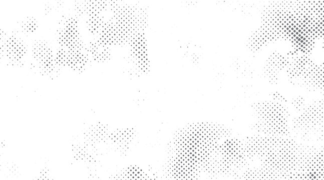 Grey halftone dots scattered across a white background with varying density and size pattern texture