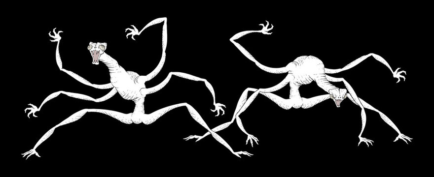 illustration shows two strange white creatures with six limbs, appearing eerie and dangerous, featuring surreal design and unusual threatening character forms