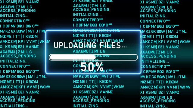 Blue progress bar shows 100% of UPLOADING FILES on a dark background with scrolling code Keywords: code, programming, hacking, security, data, progress bar, loading