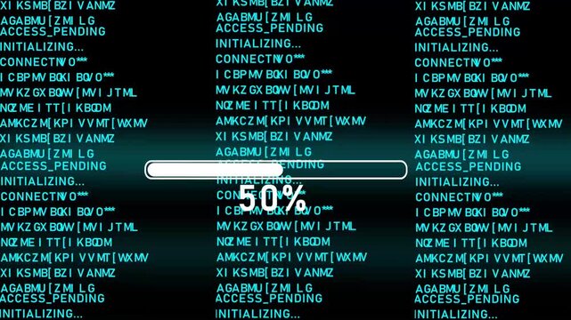 Blue progress bar shows 100% of on a dark background with scrolling code, programming, hacking, security, data, progress bar, loading