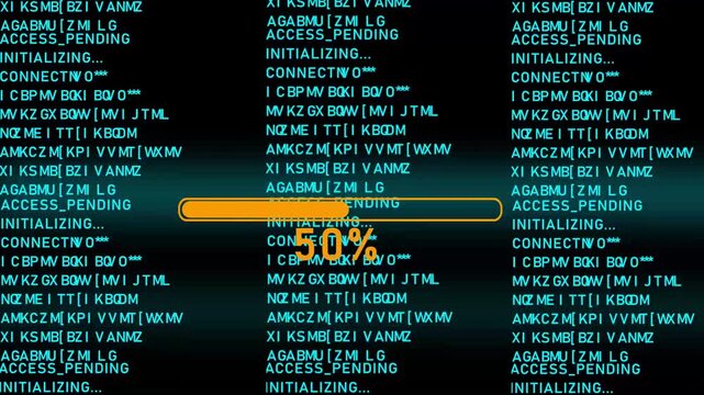 Blue progress bar shows 100% of on a dark background with scrolling code programming, hacking, security, data, progress bar, loading